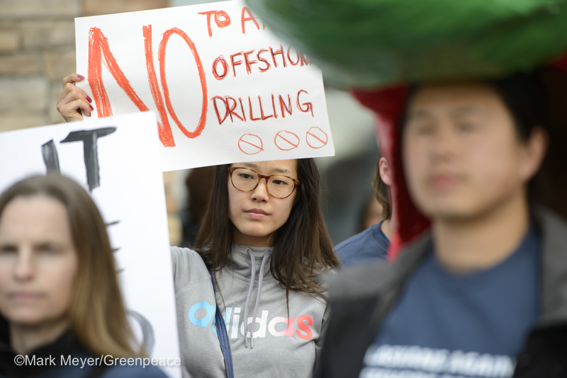 The Bureau of Ocean Energy Management hosts a public meeting to hear from people that may be impacted by oil and gas activities from leasing under the 2017-2022 Oil and Gas Program at a local hotel in Anchorage, Alaska on April 5, 2016. Many people coming out for the hearing support keeping dirty fuels in the ground and oppose any new offshore oil and gas drilling. Photo by Mark Meyer/Greenpeace